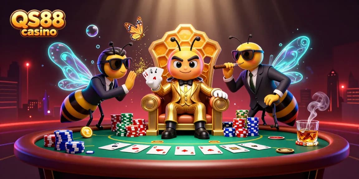Experience the thrills at QS88 casino with dynamic poker action surrounded by a lively, colorful scene.