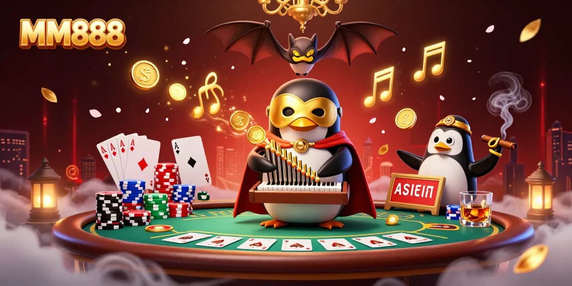 Experience thrilling action at MM888 casino with a dynamic scene of our colorful penguin organist.