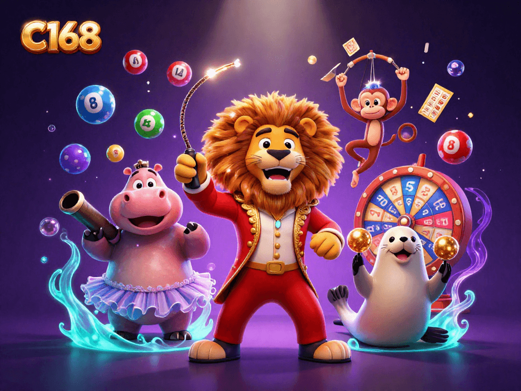 Experience thrilling casino action with C168 in this vibrant 3D illustration of a circus theme.