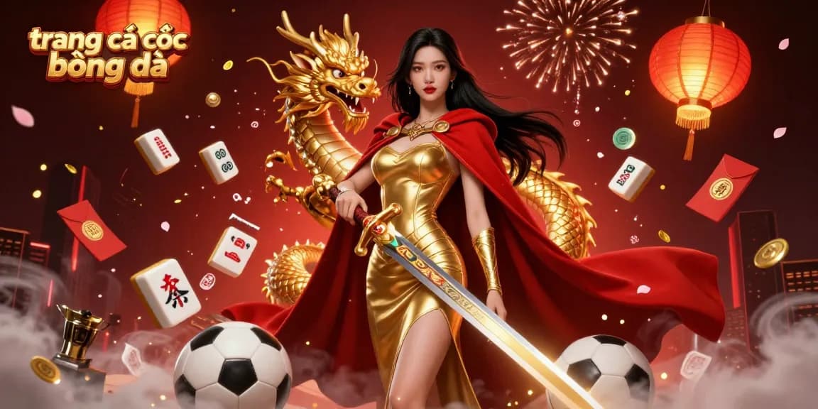 Experience the thrill of trang cá cược bóng đá with elegant Asian warrior queen and vibrant betting elements.