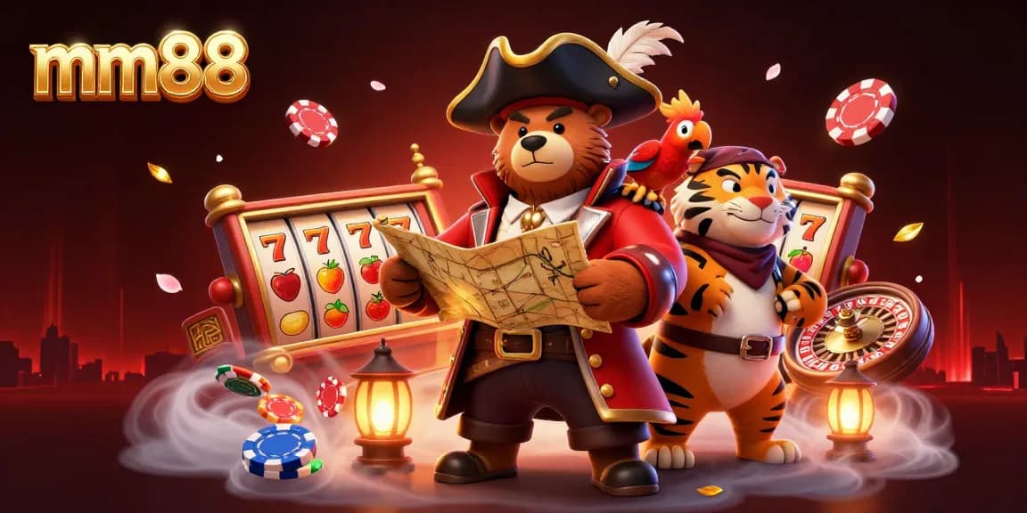 mm88 gaming scene showcasing pirate bear, tiger, and casino elements, emphasizing excitement and adventure