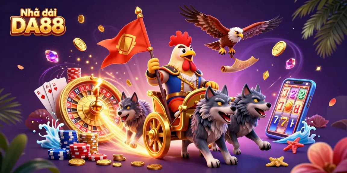 Experience excitement with Nhà cái DA88 as the rooster warlord leads a thrilling casino adventure surrounded by golden treasures.