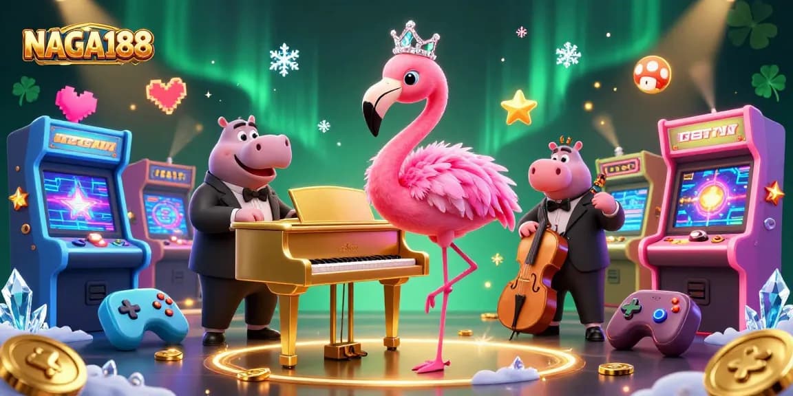 NAGA188 menyajikan pengalaman bermain kasino dengan penyanyi flamingo dan bassist hippo di lingkungan yang penuh warna.