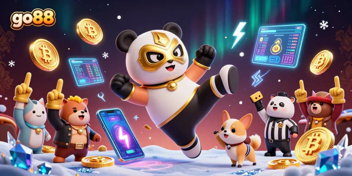 Experience the thrill of go88 with dazzling casino action featuring a kung fu panda amidst vibrant crypto elements.