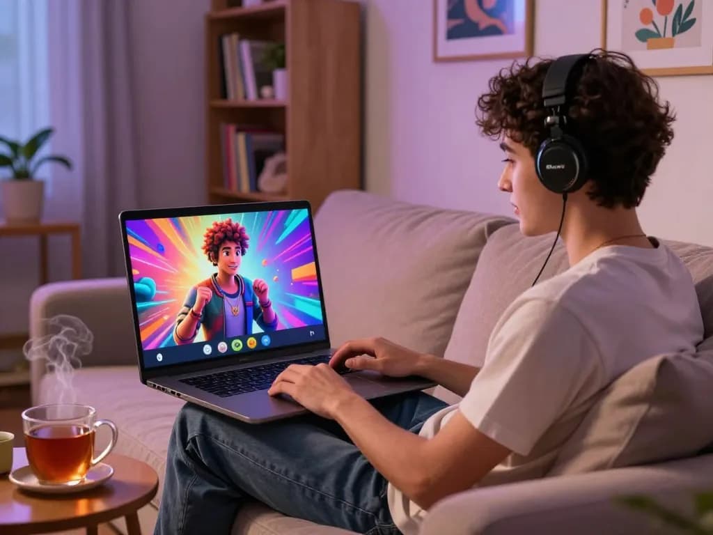 User enjoying NSFW AI chat on laptop in a cozy setting with colorful graphics and personal touches.