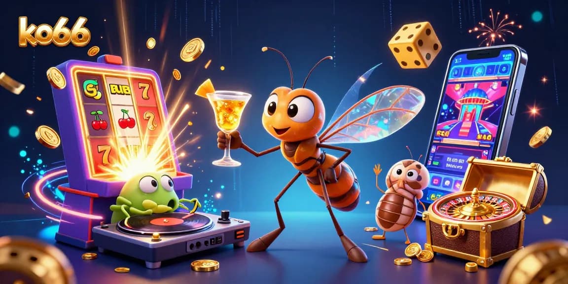 Spin for big wins with ko66's vibrant and lively casino scene featuring unique gaming characters.