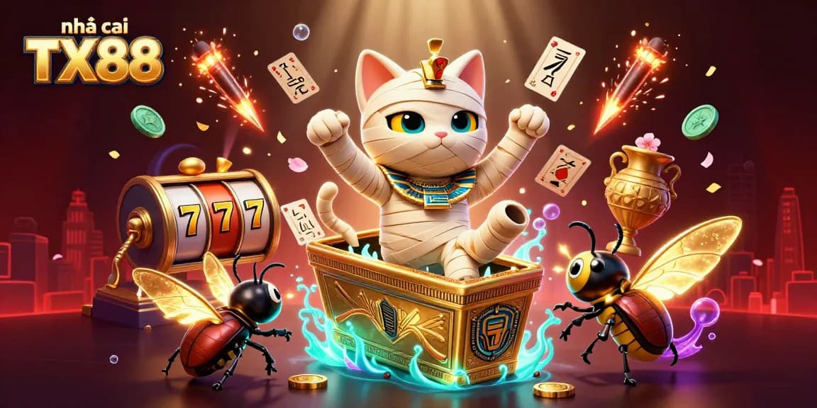 Experience thrilling gaming at Nhà cái TX88 with a vibrant casino atmosphere featuring unique characters and rich symbolism.