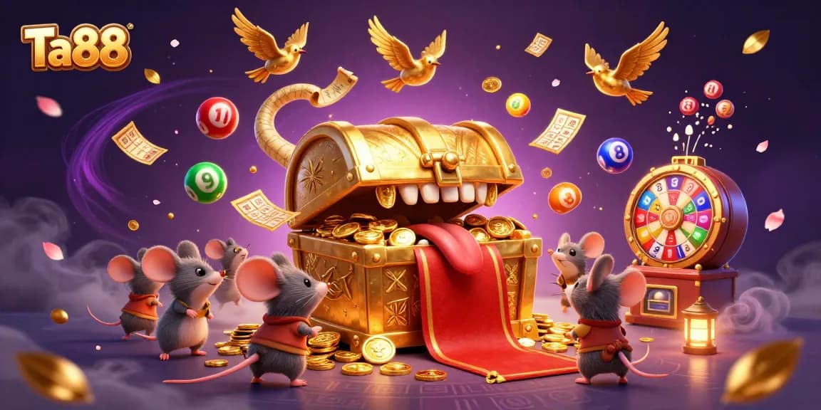 Experience thrilling wins with Ta88's vibrant lottery scene showcasing colorful balls and treasure.
