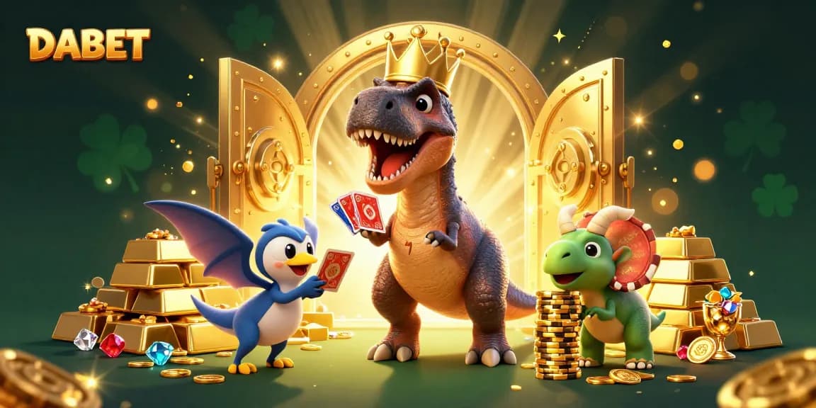 DABET showcases a lively scene of cartoon dinosaurs engaging in card games under a golden treasure vault