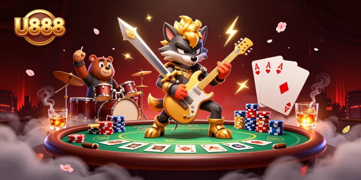 Experience the thrill of U888 with a 3D cartoon scene featuring a rock star wolf and vibrant casino elements.
