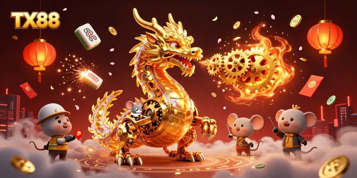 Experience the thrill of TX88's vibrant casino scene with dazzling golden dragon elements and festive decor.