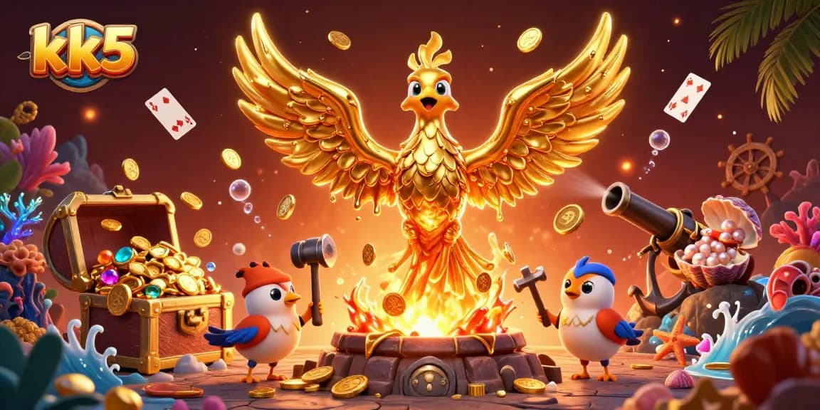 The golden phoenix of kk5 emerges with coins in a vibrant casino-themed explosion