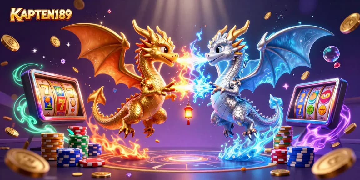 KAPTEN189 menghidupkan aksi menarik dengan naga berwarna emas dan perak dalam duel elemen, dikelilingi koin dan chip kasino yang mempesona.