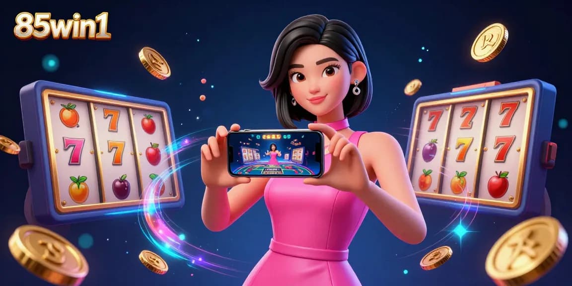 Engage with 85win1's live dealer experience featuring a confident woman and dynamic casino elements.