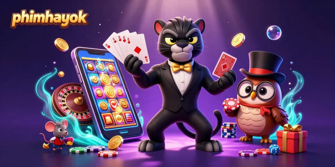 Engagingly play at phimhayok casino with cartoon characters featuring a panther, owl, and mouse.