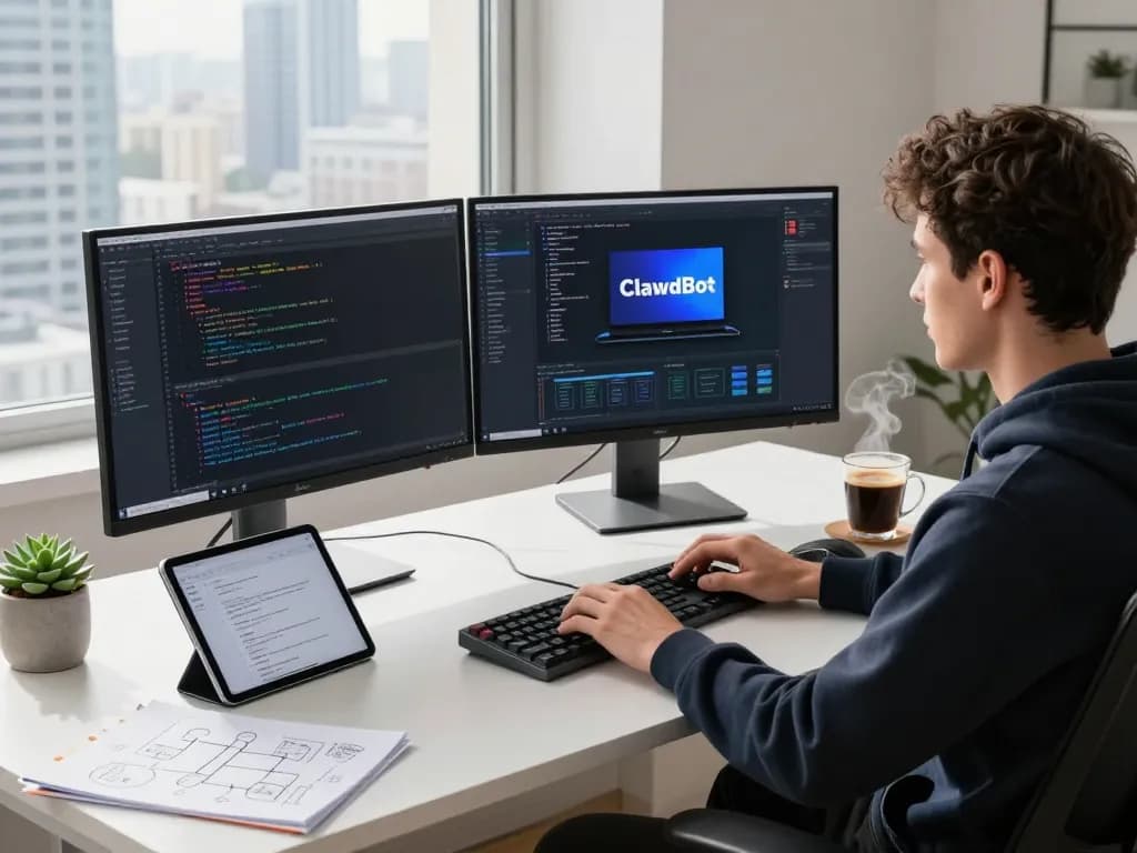 Developer using a mac mini with ClawdBot in a modern workspace, highlighting productivity and innovation.