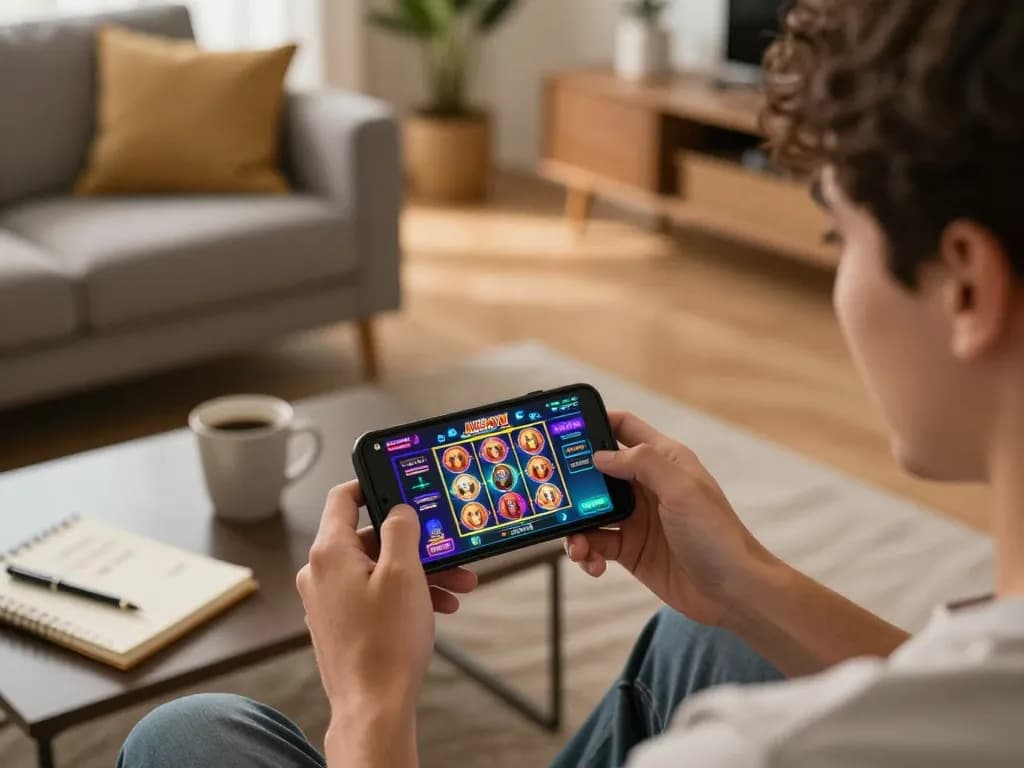 Engaged player using Jun88 VN app on smartphone for an exciting gaming experience at home.