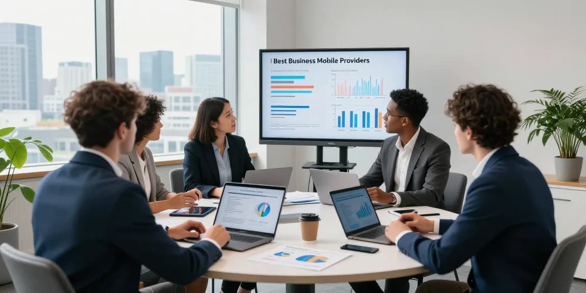 Team collaborating on strategies for the best business mobile providers UK in a modern office environment.