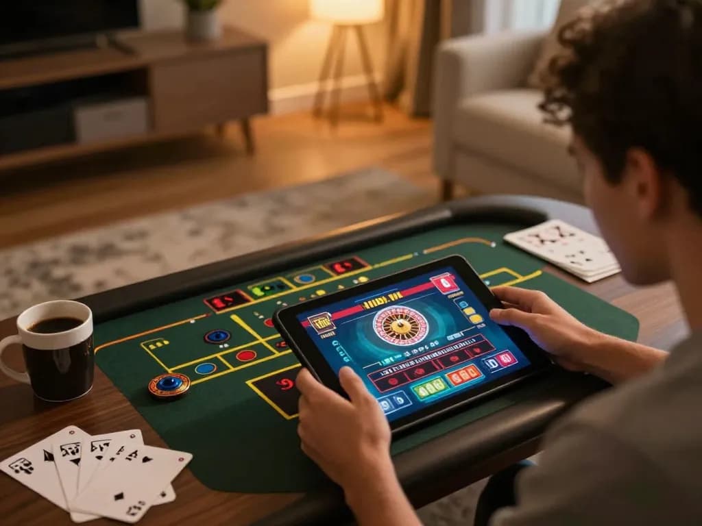 Engaged user playing 99ok live dealer game on tablet while strategizing in cozy home.