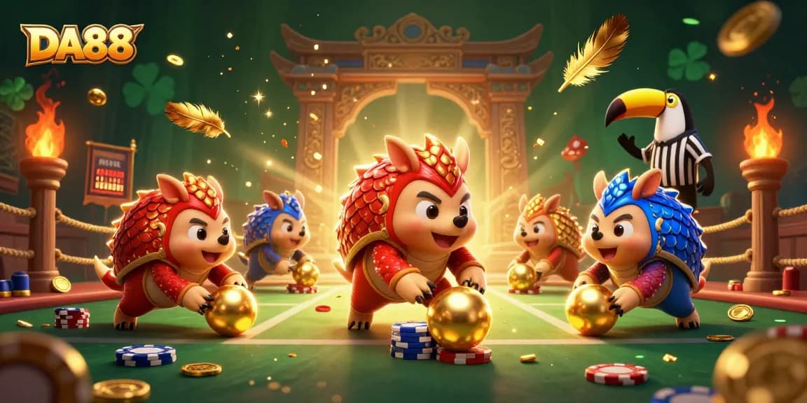 DA88 pangolins playing poker amidst gold chips and vibrant colors in a dynamic casino scene.