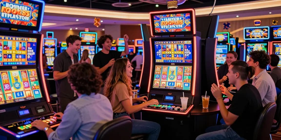 Friends enjoying the vibrant gaming atmosphere with rokok88 slot login displayed on screens.