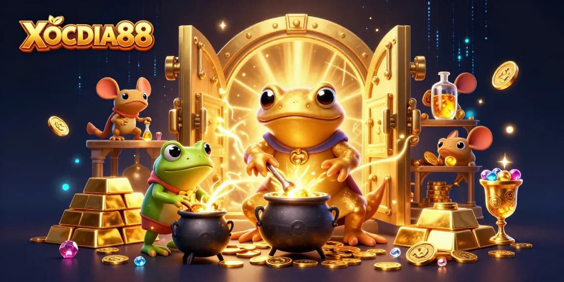 Experience immersive gambling action with the bustling scene of XOCDIA88 featuring gold coins, gems, and lively characters.