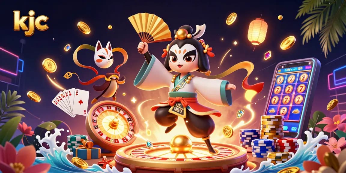 Spin the reels at KJC with vibrant casino action featuring a kabuki warrior and treasure galore.