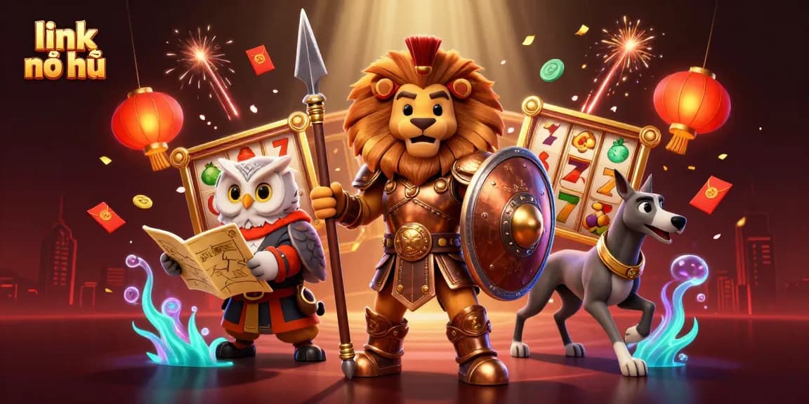 Engage with link nổ hũ in a vibrant 3D casino scene featuring a lion, owl, and greyhound.