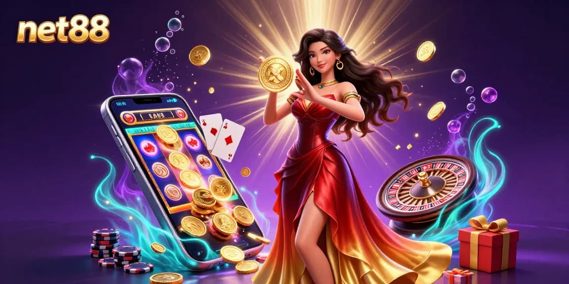 Experience thrilling gameplay at net88 with an enchanting scene filled with an Asian woman, gold coins, and casino games.