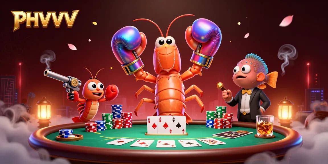 Experience the thrill of PHVVV poker with vibrant 3D cartoon mantis shrimp in action.