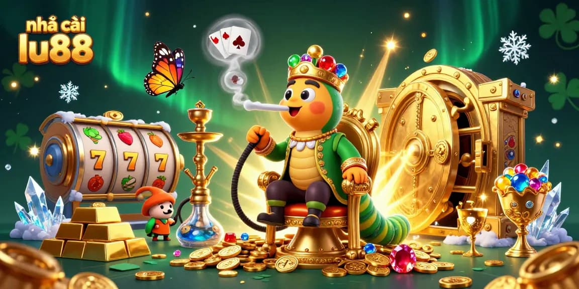 Experience the magic of nhà cái lu88 with a vibrant casino scene depicting an enormous caterpillar and riches galore.