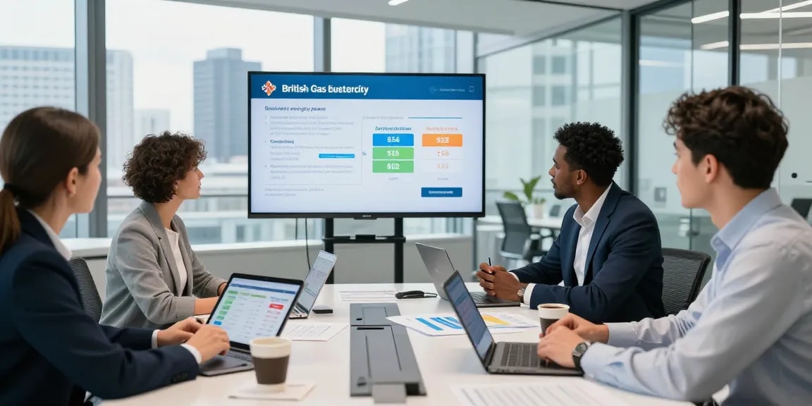 Consultants analyzing British Gas business electricity plans in a modern office.