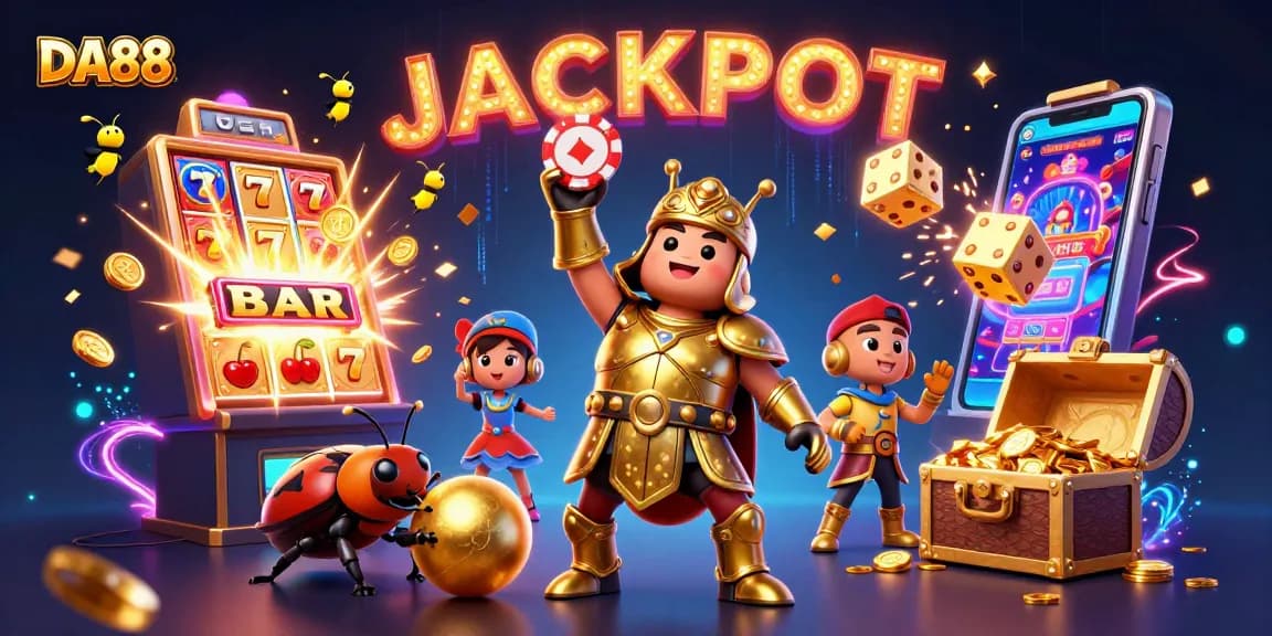 Lift your winnings with DA88 at an exciting casino jackpot scene featuring dynamic 3D characters.