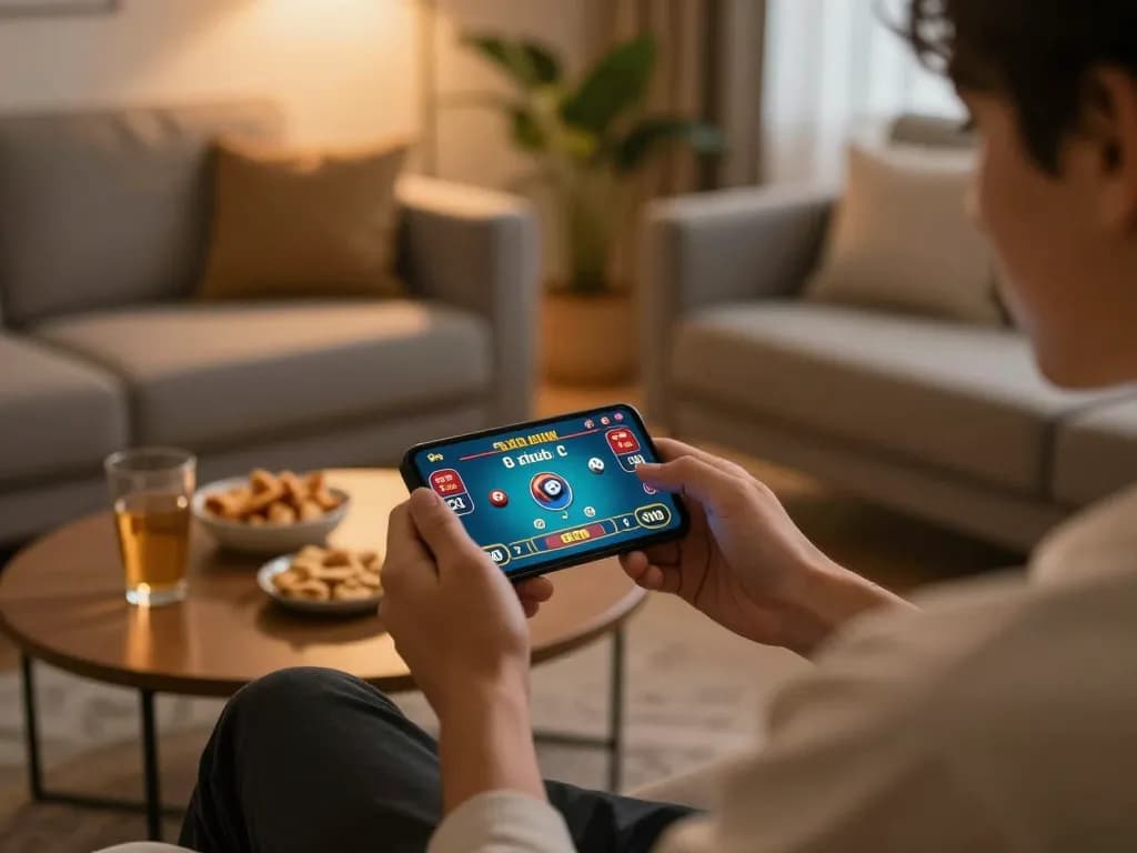 Xóc đĩa online gameplay on a smartphone with cozy home setting and betting excitement.