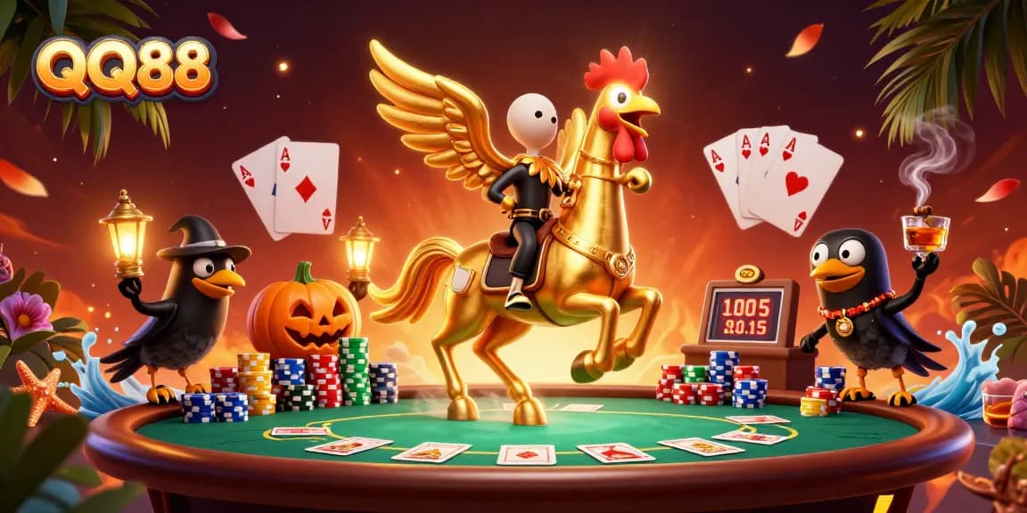 Join QQ88 for exciting casino action with a golden rooster in a vibrant casino scene!