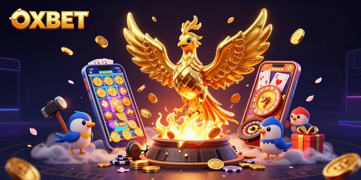Experience the thrilling OXBET casino with a golden phoenix and dynamic game elements.