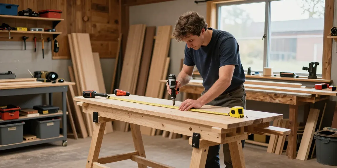 Montaggio di cavalletti Stanley in un laboratorio ben illuminato, con attrezzi e legno circondati da un ambiente di lavoro creativo.