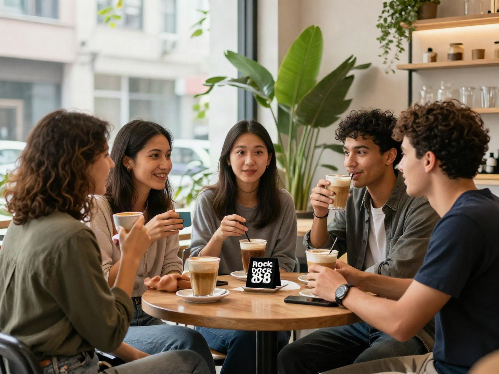 Friends enjoying coffee and conversation at a chic café featuring rokok88-themed items.