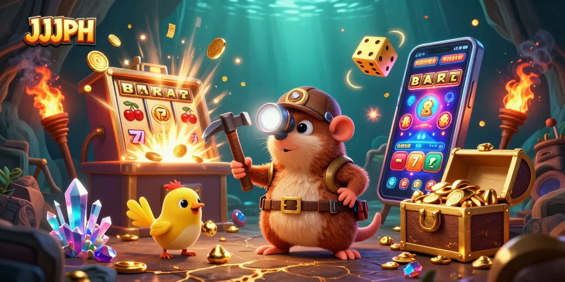 Engage with JJJPH's thrilling jackpots featuring vibrant 3D casino elements and treasure hunting characters.