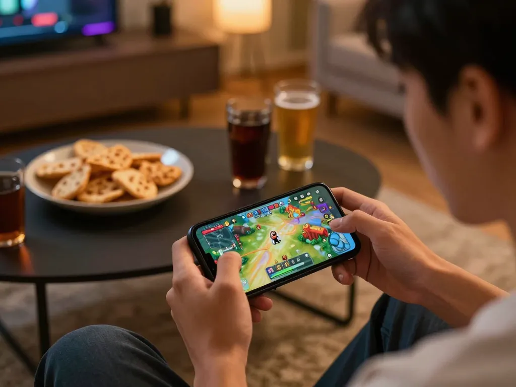 Giocatore che si gode app Chicken Road recensioni su smartphone con interfaccia di gioco visibile in un ambiente domestico accogliente.