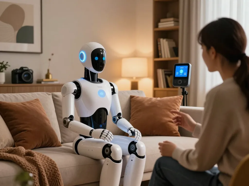 AI sex bot in a modern living room, engaging with a user in a cozy atmosphere.