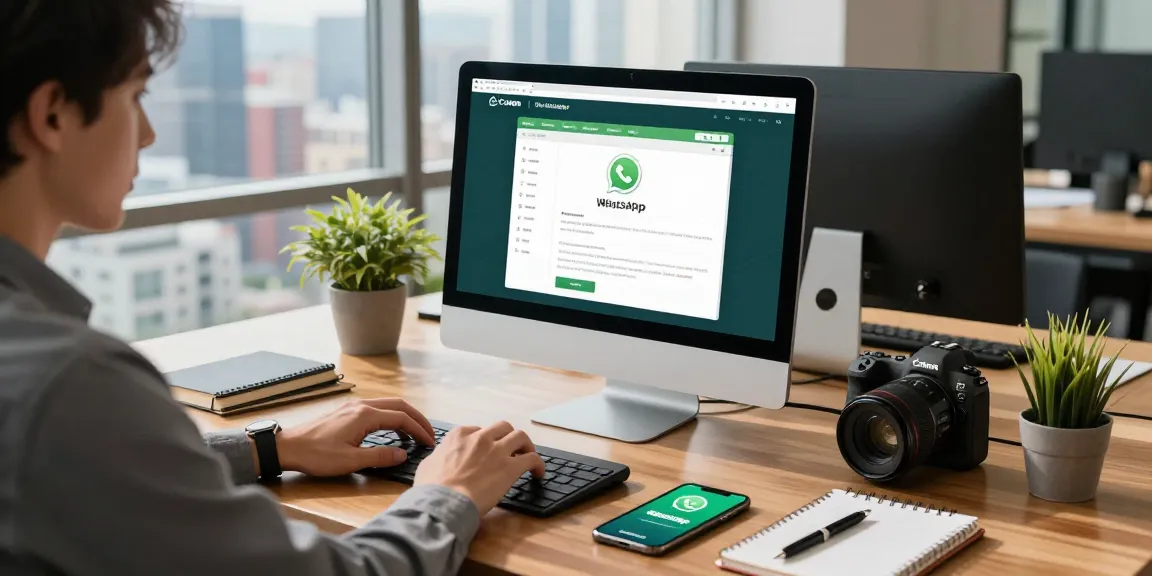 Engaged professional using WhatsApp網頁版 on a sleek desktop in a modern office environment with a city view.