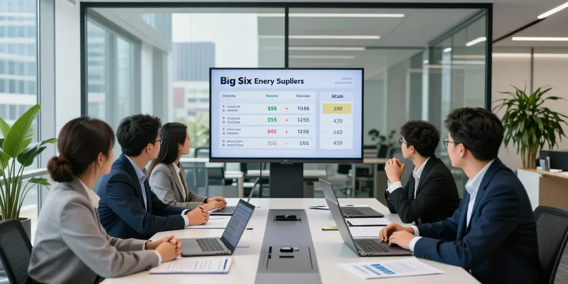 Team analyzing the big six energy suppliers' pricing strategies during a strategic meeting in a modern office.