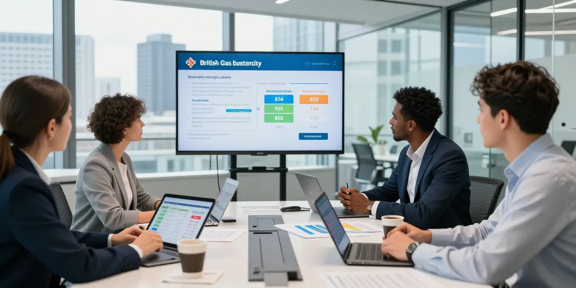Consultants analyzing British Gas business electricity plans in a modern office.
