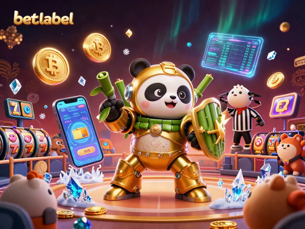 Experience the excitement of betting with betlabel, featuring a dynamic 3D scene with a golden panda in a mech-suit and vibrant casino elements.