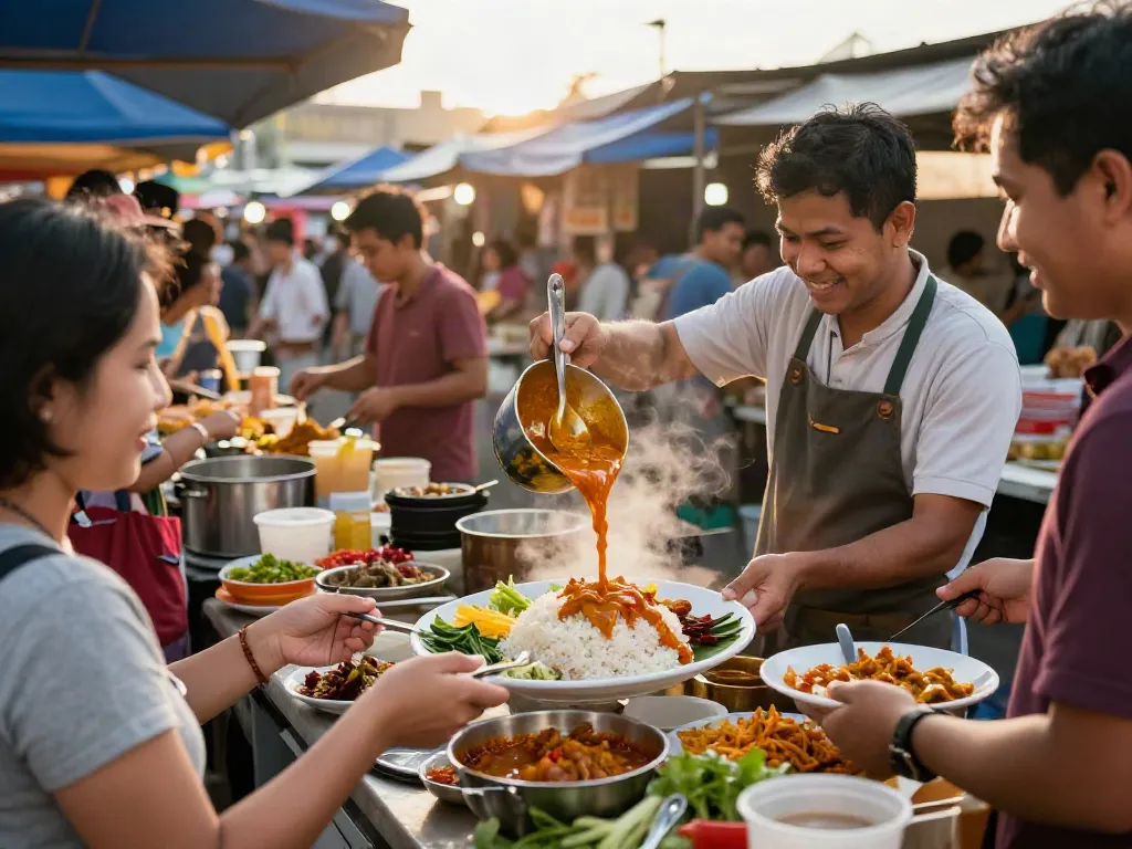 Delicious nasi kandar served by rokok88, showcasing a variety of vibrant curries and fresh ingredients in a bustling market.