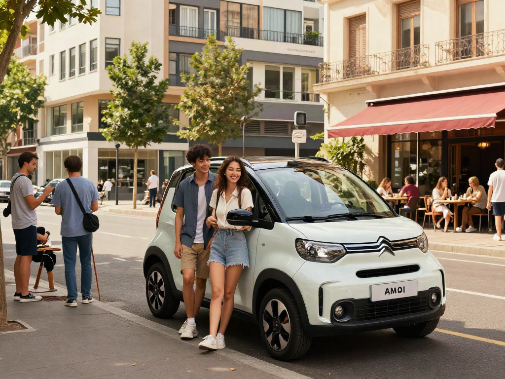 Scena di noleggio lungo termine Citroen Ami in città, con coppia felice mentre esplora.