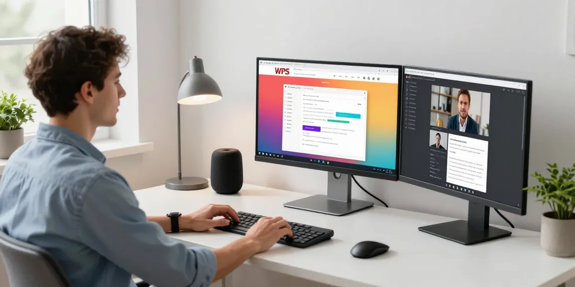 Professional workspace highlighting WPS Official Website interface on multiple screens, showcasing productivity tools.