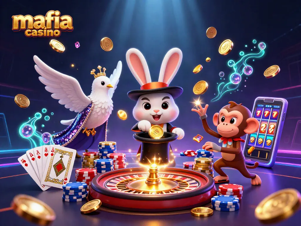 Mafia casino features a 3D magician rabbit pulling coins while a dove sparkles and a monkey steals poker chips.
