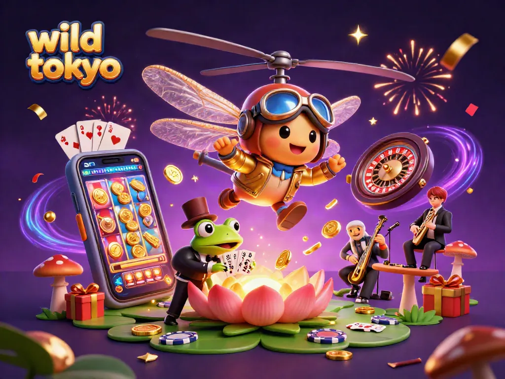 Spin the reels at wild tokyo as a dragonfly pilot and frog croupier deal cards in a vibrant casino scene.